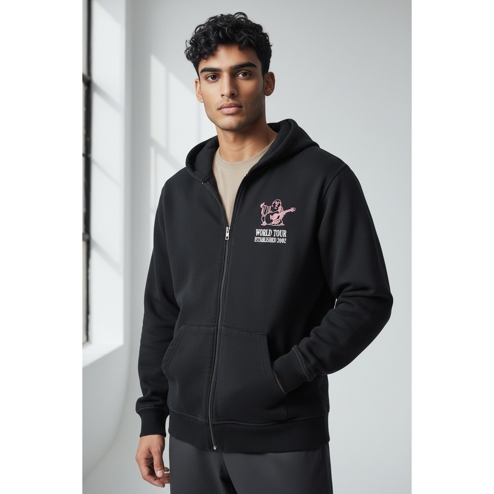 True Religion World Tour Zip Up Hoodie Black Pink Buddha Graphic XL Streetwear